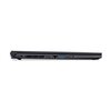 Czarny laptop widoczny z boku, z kilkoma portami, w tym USB, Ethernet oraz gniazdem audio. Obudowa ma prosty, nowoczesny design z widocznymi otworami wentylacyjnymi.
