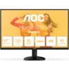 Monitor AOC z widocznym logo i napisem "Home Office Monitor" na ekranie, z żółtym tłem i grafiką dwóch osób w tle. Na dole ekranu znajdują się ikony i teksty: "27'' 68.6 cm", "QHD QUAD HD", "1 ms MPRT", "HDR10", "IPS", "LOW BLUE MODE".