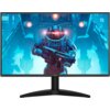 Monitor AOC z wyświetlaczem pokazującym futurystyczną grafikę przedstawiającą postać w zbroi z bronią, na tle dużego robota. Na dolnej ramce monitora widoczne jest logo "AOC".
