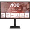 Monitor marki AOC z napisem "Professional Monitor" na ekranie, przedstawia specyfikacje: 27" (68.6 cm), Full HD, 120 Hz, regulowana podstawka, filtr światła niebieskiego, 5-letnia gwarancja. W tle widoczne są rozmyte postacie w biurowym otoczeniu.