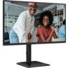 Monitor AOC 27E4CV o przekątnej 27 cali, rozdzielczości 1920x1080 pikseli, z matrycą IPS, częstotliwością odświeżania 120Hz i czasem reakcji 4 ms [GTG], wyświetla obraz przedstawiający dwie osoby w jasnym wnętrzu. Na dolnej ramce monitora widoczne jest logo AOC.