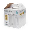 Białe opakowanie czajnika elektrycznego z napisem "Electric Kettle" oraz informacjami: "Handy construction", "600 W", "Stainless Steel", "360° STATION", "max 0,6 l". Na opakowaniu znajduje się logo "platinet" z dopiskiem "CELEBRATING 25 YEARS" oraz model 