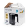 Na zdjęciu znajduje się opakowanie czajnika elektrycznego z napisem "Electric Kettle Handy construction" oraz informacjami: "600 W", "Stainless Steel", "360° STATION", "max 0,6 l". Widoczne jest logo "platinet" z napisem "CELEBRATING 25 YEARS" oraz model 