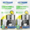 Opakowanie produktu "HEITMANN Bio Schnell Entkalker" z napisem "Bio Rapid Limescale Remover" oraz grafiką ekspresu do kawy, czajnika i filiżanki. Na opakowaniu widnieją również napisy: "Verlängert die Lebensdauer der Geräte", "Nutzt die Kraft der Natur", 