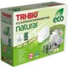Opakowanie tabletek do zmywarek TRI-BIO All-in-One 25 szt. w kolorze zielonym z białymi i czerwonymi napisami, zawiera informacje o ekologicznych certyfikatach, takich jak EU Ecolabel i Eco Green, oraz hasła: "natural", "eco", "all in one". Na opakowaniu 