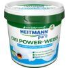 Biały pojemnik z zieloną pokrywką zawiera napis "HEITMANN pure OXI POWER-WEISS" oraz dodatkowe informacje w języku niemieckim, takie jak "Extra starker Flecklöser mit Weiß-Booster" i "Frei von Tensiden & Chlor". Na etykiecie widnieje również okrągłe logo 