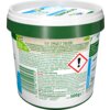 Plastikowe opakowanie z zieloną pokrywką zawiera tekst w języku niemieckim i angielskim, w tym ostrzeżenia dotyczące bezpieczeństwa oraz informacje o składnikach, takich jak "Inhaltsstoffe: 30 % Bleichmittel auf Sauerstoffbasis, Enzyme". Widoczne jest rów