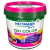 Na zdjęciu znajduje się opakowanie odplamiacza do prania HEITMANN Pure Oxi Color 500 g z różową pokrywką i zielonym uchwytem. Na etykiecie widnieje tekst: "von der Natur inspiriert", "HEITMANN pure OXI COLOR", "Universeller Fleck- und Fettlöser", oraz inf