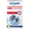Opakowanie produktu do czyszczenia pralek marki HEITMANN z napisem "WASCHMASCHINEN EXPRESS HYGIENE-REINIGER" oraz "3 in 1 Gegen Gerüche, Kalk und Ablagerungen". Widoczna jest grafika bębna pralki z wodą oraz informacja "Spart Zeit, Energie und Kosten dank