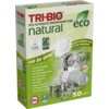 Opakowanie tabletek do zmywarek TRI-BIO All-in-One 50 szt. z napisem "natural" i "eco", zawiera informacje o braku fosforanów, chloru, formaldehydu, perfum, barwników, GMO oraz o hipoalergiczności, biodegradowalności i braku testów na zwierzętach. Widoczn