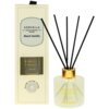 Na zdjęciu znajduje się opakowanie i flakon patyczków zapachowych "SORVELLA Home Fragrance Premium Black Vanilla". Na opakowaniu widnieje napis "TEST HERE TEST HERE TEST HERE", a na flakonie napis "SORVELLA Home Fragrance Premium Black Vanilla".