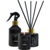 Czarny zestaw zapachowy składający się z trzech elementów: świecy, dyfuzora z patyczkami i sprayu, z widocznymi napisami "SORVELLA Home Spray Premium Istanbul" oraz "SORVELLA CANDLE Premium Istanbul". Każdy element ma złote akcenty i elegancki design.