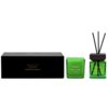 Czarny prostokątny karton z napisem "SIGNATURE Home Gift Set Candle & Home Fragrance" obok zielonej świecy i dyfuzora z patyczkami, oba z napisem "SORVELLA CANDLE Bergamot & Musk SIGNATURE".