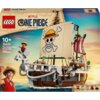 Opakowanie zestawu LEGO przedstawia model statku pirackiego z serii "One Piece" z widocznym logo LEGO i Netflix. Na żaglu statku znajduje się charakterystyczna czaszka z kapeluszem, a w dolnej części opakowania widoczne są postacie z serii.