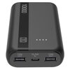 Czarny powerbank z napisem "10000" na górnej powierzchni, posiadający dwa porty USB oznaczone jako "12W OUT" oraz jeden port USB-C oznaczony jako "10,5W IN". Obok portów znajdują się cztery diody LED wskazujące poziom naładowania.