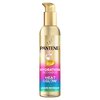 Złota butelka z pompką zawiera produkt marki Pantene Pro-V, z napisem "HYDRATION RECHARGE HEAT & GLOW" oraz "LEAVE-IN CREAM" na kolorowym tle. Na etykiecie widoczne są również symbole kapsułek z napisem "Pro-V".