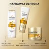 Na zdjęciu widoczne są trzy produkty do pielęgnacji włosów marki Pantene z serii Active Nutri-Plex: szampon, odżywka i maska keratynowa, z napisem "NAPRAWA I OCHRONA" u góry. Pod każdym produktem znajdują się opisy: "1 Delikatne oczyszczanie", "2 Naprawa 