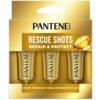 Złote opakowanie z trzema ampułkami, na którym widnieje napis "PANTENE PRO-V RESCUE SHOTS REPAIR & PROTECT". Na dole opakowania znajduje się tekst "HELPS TO REPAIR VISIBLE DAMAGE* IN 1 USE".