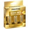 Złote opakowanie z trzema ampułkami, na którym widnieje napis "PANTENE PRO-V RESCUE SHOTS REPAIR & PROTECT". Na dole opakowania znajduje się tekst "HELPS TO REPAIR VISIBLE DAMAGE* IN 1 USE".