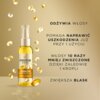 Butelka z olejkiem do włosów z napisem "Pantene Pro-V Keratin Protect Oil Intensive Repair" otoczona jest złotymi kapsułkami. Obok widnieje tekst: "Odżywia włosy, pomaga naprawić uszkodzenia już przy 1 użyciu, włosy 10 razy mniej zniszczone dzięki zaledwi