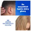 Na zdjęciu widoczne są cztery sekcje: zbliżenie na ucho osoby z krótkimi włosami, napis na niebieskim tle "Do wszystkich typów skóry głowy", napis "NIE USUWA NATURALNYCH OLEJÓW" oraz zbliżenie na włosy osoby z przedziałkiem.