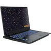 Laptop z otwartym ekranem, na którym widoczny jest wzór z pomarańczowymi ikonami na ciemnym tle oraz logo "HIRO". Klawiatura jest podświetlona na niebiesko, a na obudowie znajdują się różne porty i naklejki.