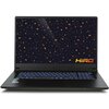 Czarny laptop z podświetlaną klawiaturą i ekranem wyświetlającym wzór z pomarańczowymi ikonami na ciemnym tle. W prawym dolnym rogu ekranu widoczne jest logo "HiRO".