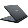 Na zdjęciu widoczny jest laptop z częściowo otwartą pokrywą, na której znajduje się logo "HIRO". Klawiatura laptopa jest podświetlona na niebiesko, a obudowa ma ciemny kolor.