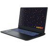 Laptop z otwartym ekranem, na którym widoczny jest wzór z małymi, pomarańczowymi ikonami na ciemnym tle oraz logo "HIRO" w prawym dolnym rogu. Klawiatura jest podświetlona na niebiesko.