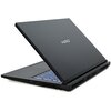 Na zdjęciu widoczny jest czarny laptop z częściowo otwartą pokrywą, na której znajduje się logo "HIRO". Klawiatura laptopa jest podświetlona na niebiesko, a na obudowie widać kilka portów i otwory wentylacyjne.