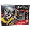 Opakowanie zestawu figurek "Screechers Wild" z widocznymi figurkami nosorożca i dinozaura, z dużym napisem "LIGHTNING RHINO" na czerwonym tle. Na opakowaniu znajdują się także ilustracje postaci oraz logo "Screechers Wild".