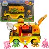 Zestaw figurek przedstawia kolorowy food truck z napisem "Yum Yum" oraz cztery małe figurki o różnych kształtach i kolorach. Na opakowaniu widnieje napis "Pinata SmashLings" oraz "Pinata Yum Truck", a także informacja o zawartości: "Includes 4 Smashlings,