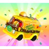 Na kolorowym tle z promieniami i konfetti znajduje się żółty foodtruck z napisem "Piñata Yum Truck" z przodu i "Yum Yum" z boku, ozdobiony gwiazdkami i figurkami w kształcie hamburgerów.