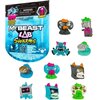 Opakowanie produktu "MrBeast Lab Swarms" z widocznym napisem "100+ to collect" oraz ostrzeżeniem "WARNING: CHOKING HAZARD - Small parts. Not for children under 3 years". Obok opakowania znajduje się dziewięć kolorowych figurek o różnych kształtach i wyraz