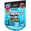 Opakowanie produktu "MrBeast Lab Swarms" z grafiką niebieskiego stwora i napisem "100+ to collect" oraz ostrzeżeniem "WARNING: CHOKING HAZARD - Small parts. Not for children under 3 years." Widoczny jest także kod QR oraz logo "moose".