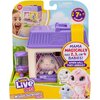 Opakowanie zestawu figurek "Little Live Pets Mama Surprise! Minis" przedstawia fioletowy domek z figurką królika w środku oraz napis "Mama magically has 2, 3, or 4 babies! When will they arrive?". Na opakowaniu widnieje również logo "Little Live Pets" ora