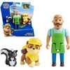 Zestaw figurek przedstawia postacie z bajki, w tym psa w żółtym kasku, mężczyznę w zielonym fartuchu oraz czarno-białego skunksa. Opakowanie zawiera logo "PAW Patrol" oraz napis "Rubble & Mr. Porter".