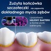 Na zdjęciu widoczny jest tekst: "Zużyta końcówka szczoteczki nie zapewnia dokładnego mycia zębów i pozostawia MILIONY BAKTERII w formie płytki bakteryjnej". Obok tekstu znajdują się ilustracje przedstawiające szczoteczkę do zębów oraz bakterie, a poniżej 