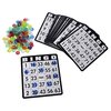 Na zdjęciu widoczne są karty do gry w bingo z napisem "BINGO" na górze oraz kolorowe żetony w różnych kolorach. Na jednej z kart zaznaczone są liczby: 1, 6, 16, 27, 35, 46, 53, 66.