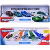Zestaw pięciu modeli samochodów marki Porsche w opakowaniu z logo "Majorette" i napisem "Porsche". Na opakowaniu widoczne są nazwy modeli: Porsche 911 Carrera RS 2.7, Porsche 935 K3, Porsche 911 GT3 CUP (992), Porsche Carrera S, Porsche 917 oraz informacj