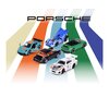 Na zdjęciu znajduje się pięć miniaturowych modeli samochodów Porsche w różnych kolorach, ustawionych na tle kolorowych pasów. Nad samochodami widnieje napis "PORSCHE".