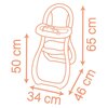 Ilustracja przedstawia schematyczny rysunek krzesełka do karmienia z wymiarami: 50 cm, 34 cm, 65 cm i 46 cm, zapisanymi w kolorze pomarańczowym. Krzesełko ma zaokrąglone kształty i widoczne są elementy konstrukcyjne, takie jak siedzisko i oparcie.