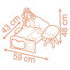 Ilustracja przedstawia schemat produktu "Kącik opiekunki SMOBY Baby Nurse 7600220393" z wymiarami: 59 cm szerokości, 43 cm głębokości i 48 cm wysokości. Produkt składa się z łóżeczka z szufladą, krzesełka oraz elementów dekoracyjnych w kształcie serc.