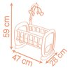 Ilustracja przedstawia schemat kołyski z wymiarami: wysokość 59 cm, długość 47 cm, szerokość 28 cm. Kołyska ma zaokrąglone boki i pałąk z wiszącymi elementami dekoracyjnymi.