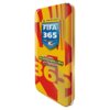 Puszka kolekcjonerska z kolorowym wzorem w odcieniach żółci i czerwieni, z widocznym logo "PANINI" oraz napisem "FIFA 365 ADRENALYN XL OFFICIAL TRADING CARDS".