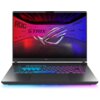 Laptop z podświetlaną klawiaturą wyświetla na ekranie grafikę z logo ROG oraz napisami "ROG STRIX" i "GAMER". Tło ekranu jest w kolorach czerwonym i niebieskim, a na obudowie widoczne jest logo ROG.