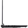 Laptop widoczny z boku, z otwartą pokrywą, ukazuje różne porty na krawędzi, w tym HDMI, USB i gniazdo sieciowe. Obudowa jest w kolorze ciemnym, a tło zdjęcia jest białe.