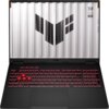 Na zdjęciu widoczny jest otwarty laptop z podświetlaną na czerwono klawiaturą i ekranem, na którym znajduje się logo w kształcie litery "V" oraz napisy "TUF", "STAY TOUGH". Obudowa ekranu ma wzór przypominający metalowe panele.