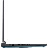 Laptop widziany z boku, z otwartą pokrywą, ukazujący porty na krawędzi, w tym USB, HDMI i Ethernet. Obudowa jest w kolorze ciemnym, z niebieskim akcentem na dolnej krawędzi.