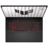 Czarny laptop z podświetlaną na czerwono klawiaturą, na której klawisze W, A, S, D są wyróżnione. Na ekranie widoczne jest logo z napisem "TUF Gaming".